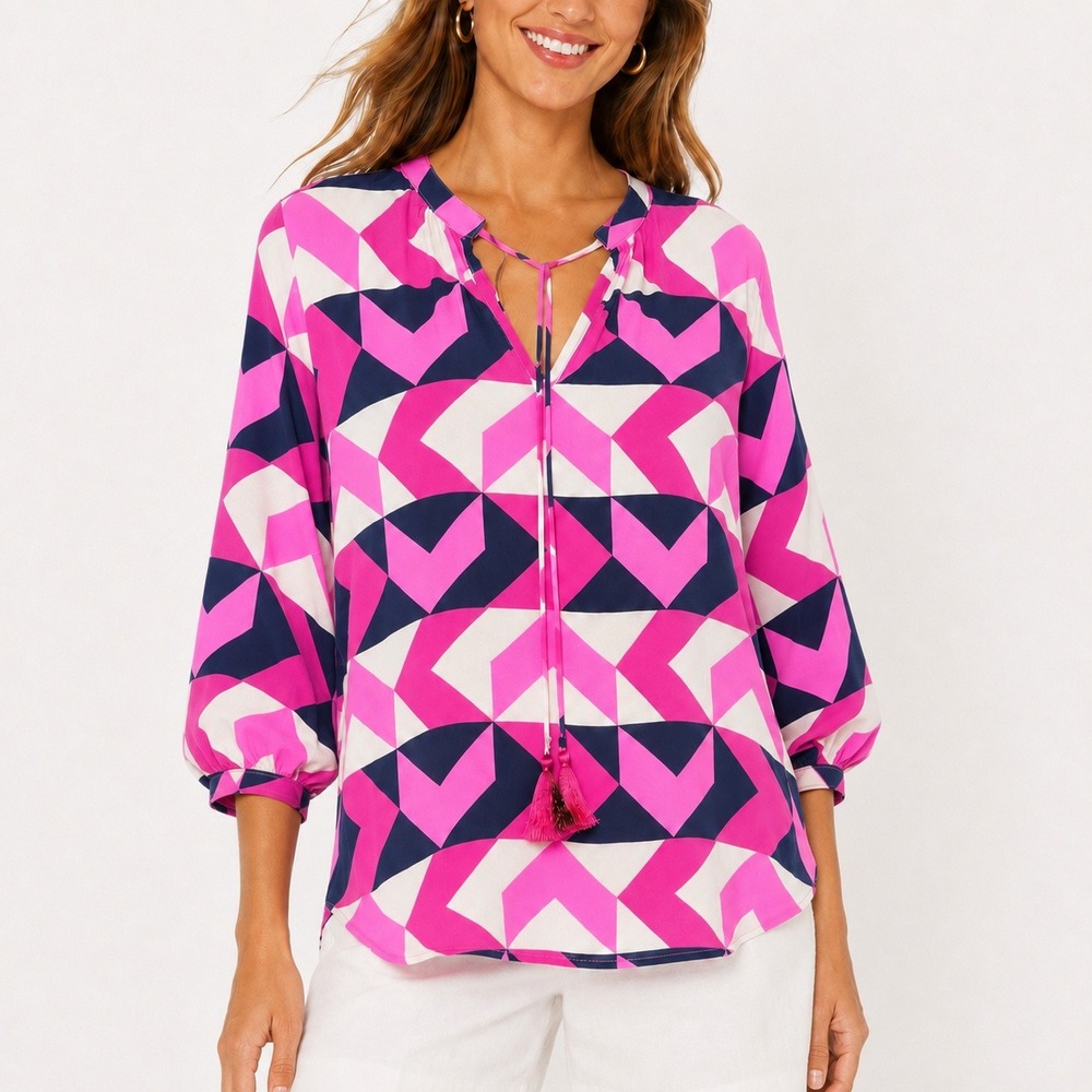Britt Ryan Women Silk Geometric Tassel Blouse Size M Pink Navy Career Mod Top
